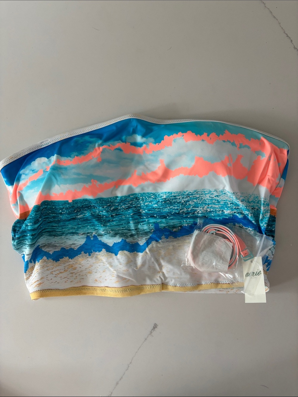 aerie Bandeau Bikini Top in Turquoise, Coral & White with Ocean Print